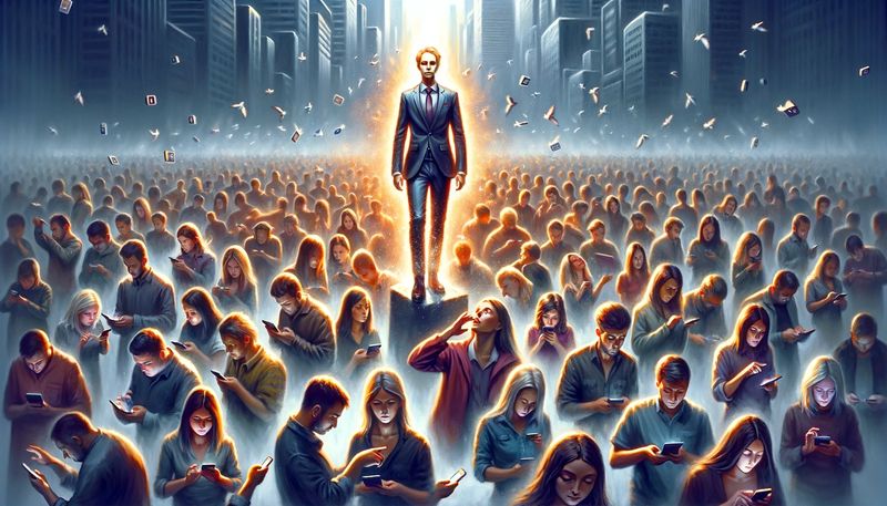 A man stands above a crowd of social media zombies